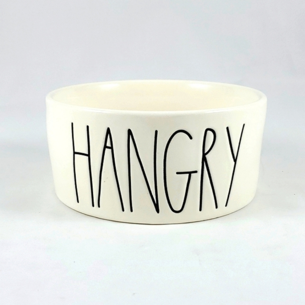 Rae Dunn Artisan Collection White Ceramic Dog Bowl Black Large Letters HANGRY